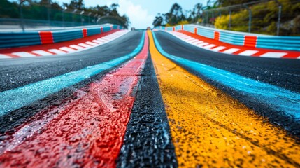 Poster - Vividly marked racing track surface showcases bright colors and smooth curves under a sunny sky, inviting thrilling motorsport activities and competitions.