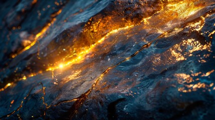 Poster - Molten lava flows across a jagged rock surface creating bright glowing patterns as twilight descends, showcasing the raw beauty of nature's volcanic processes on display.