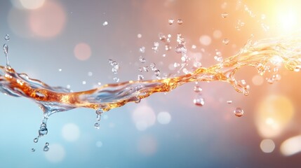 Poster - A stunning display of water splashing against a soft background, illuminated by warm light, creating a captivating atmosphere of motion and tranquility.