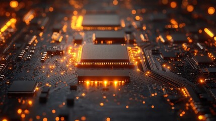 Poster - Illuminated CPU on circuit board; technological background