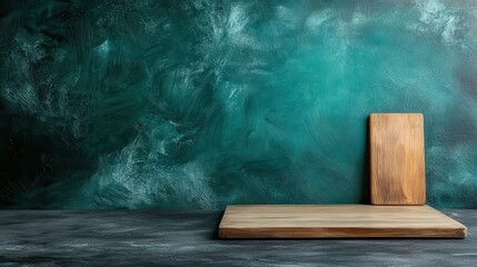 Aufkleber - A minimalist composition featuring a wooden plank against a rich turquoise backdrop, inviting a sense of calmness and simplicity, perfect for modern aesthetic themes.