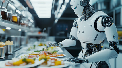 Wall Mural - Robotic AI chef assembling an intricate fusion dish in a high tech modern kitchen