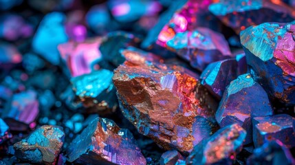 Poster - Bright stones with shimmering blue and purple hues are clustered closely, revealing intricate details of their surfaces and reflections. The lighting creates a striking visual effect.