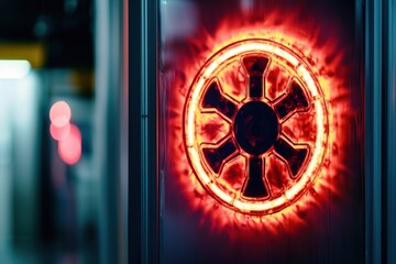 Poster - A glowing red emblem with a circular design, set against a blurred backdrop, creating a vibrant and striking visual effect.