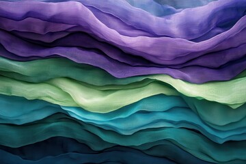 Fototapete - Wavy Layers of Green, Purple, and Blue Fabric . A close-up view of vibrant, multicolored fabric showcasing intricate patterns and textures.