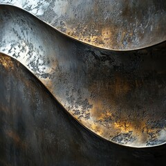 Poster - Abstract metal sculpture with textured surface and flowing wave shapes
