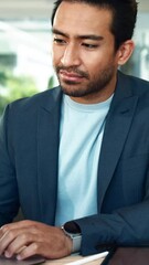 Aufkleber - Thinking, research and planning with business man in office for brainstorming, solution and proposal. Problem solving, opportunity and inspiration with person in agency for decision and reflection