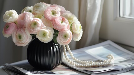 Wall Mural - Beautiful ranunculus flowers in black vase with pearls on newspapers in sunlit room