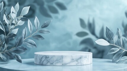 Aufkleber - A captivating 3D rendering featuring a white marble cube pedestal beautifully set against a backdrop of soft blue leaves. Ideal for showcasing products in an elegant manner