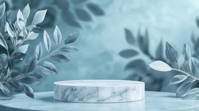 A captivating 3D rendering featuring a white marble cube pedestal beautifully set against a backdrop of soft blue leaves. Ideal for showcasing products in an elegant manner