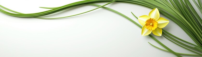 Poster - a serene image featuring a yellow flower with green leaves against a soft white background, evoking 