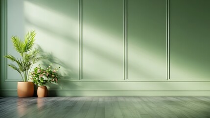 Poster - A serene interior space showcasing elegant greenery, where light gracefully plays on the walls, creating an ambient and refreshing atmosphere perfect for relaxation.