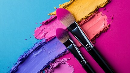 brush resting on a vibrant pink and blue paint surface in an artistic setting