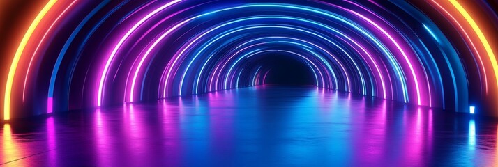 Wall Mural - vivid neon tunnel, futuristic corridor with glowing lines of blue, purple, pink, and orange.