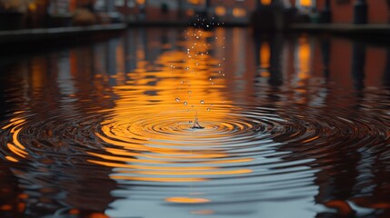 Poster - Water droplet impact, city reflection, evening ambiance
