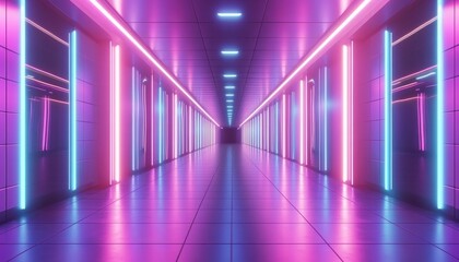 Wall Mural - futuristic neon tunnel with glowing light, vibrant pink purple spectrum, modern empty corridor