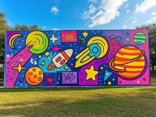 Wide-angle view of a vibrant pop art mural illustrating space exploration