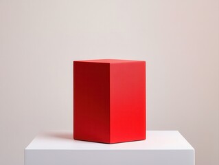 Poster - A vibrant red cube sits elegantly on a white pedestal against a neutral background, showcasing minimalist design and striking color contrast.