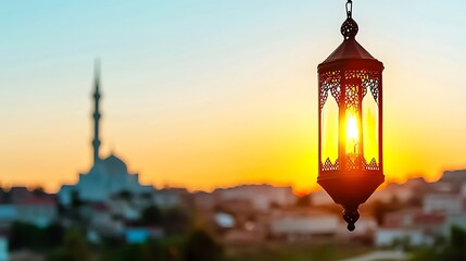 Canvas Print - Ornate lantern hanging against a sunset backdrop with a mosque silhouette and cityscape