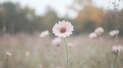 Wall Mural - Single pink flower in autumn field, blurred background, nature serenity, website header