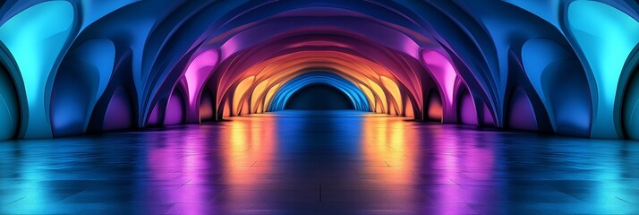 Wall Mural - neon abstract tunnel, arch, glowing lines, reflections, symmetry, blue purple, futuristic.