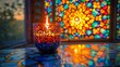 © budiyono - Candlelight Glow Serene ambiance by stained glass window. Spirituality, meditation use