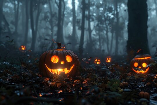 Halloween background featuring an enchanted pumpkin patch, with oversized pumpkins glowing softly, and a misty forest in the distance