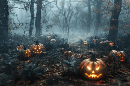 Halloween background featuring an enchanted pumpkin patch, with oversized pumpkins glowing softly, and a misty forest in the distance