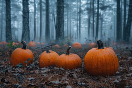 Halloween background featuring an enchanted pumpkin patch, with oversized pumpkins glowing softly, and a misty forest in the distance