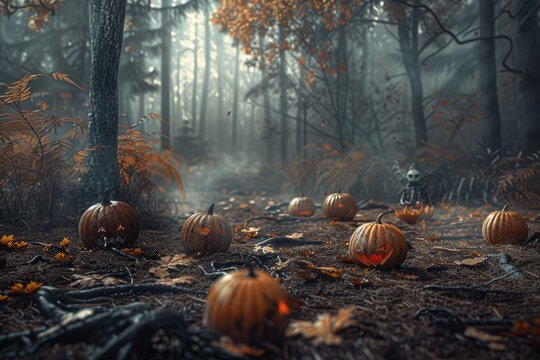 Halloween background featuring an enchanted pumpkin patch, with oversized pumpkins glowing softly, and a misty forest in the distance