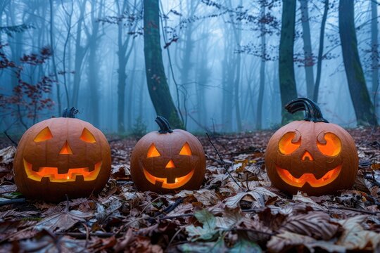 Halloween background featuring an enchanted pumpkin patch, with oversized pumpkins glowing softly, and a misty forest in the distance