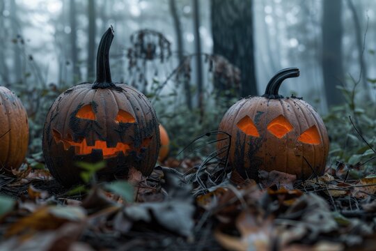 Halloween background featuring an enchanted pumpkin patch, with oversized pumpkins glowing softly, and a misty forest in the distance