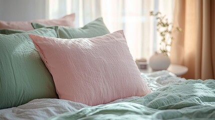 Poster - Pastel hues of pink and green create a calming atmosphere in a minimalistic bedroom. The smooth textures of the pillowcase and comforter invite relaxation. Subtle lighting enhances the tranquility