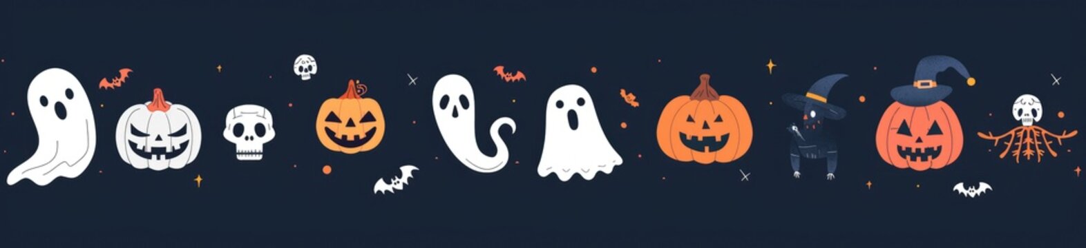 A festive Halloween party border featuring a variety of spooky elements. Jack-o'-lanterns with carved faces, bats, ghosts, and witch hats arranged along the edges of the border