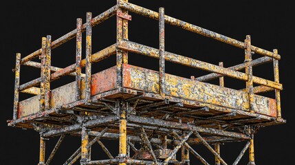 Rusty scaffolding platform, construction site, urban background, industrial design