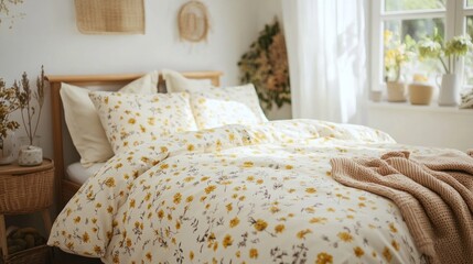 Aufkleber - Bright yellow florals adorn a delightful duvet cover in a cozy bedroom decorated with soft pastels, warm textures, and tranquil natural light streaming in through the window