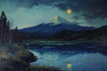 Poster - View of Mount Fuji at night .