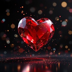 Wall Mural - A levitating faceted red glass heart, casting shimmering light reflections onto a dark, festive background. The edges of the heart shine like a precious gemstone, while tiny glowing particles surround