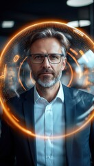 Aufkleber - A focused businessman stands confidently amid a futuristic digital circle, showcasing modern technology and professional attire in a corporate environment.