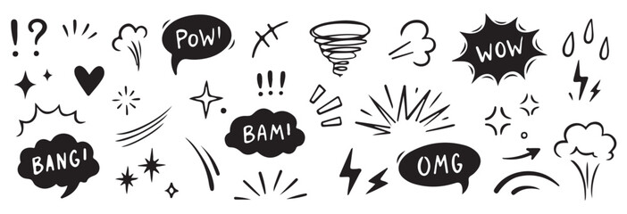comic boom cartoon effect line element set. comic speech bubble pow, boom text, explosive splash smo