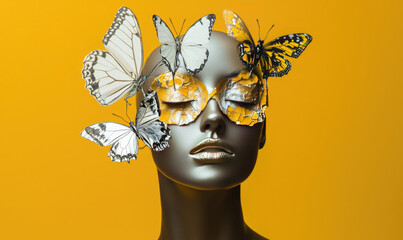 Aufkleber - metallic mannequin head adorned with vibrant butterflies against yellow background, symbolizing transformation and beauty. butterflies delicate wings contrast with mannequin smooth surface