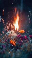 Poster - Flames igniting vibrant flowers outdoor garden nighttime close-up nature's beauty