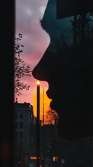 Poster - Sunset reflection of a profile silhouette urban landscape evening glow side view artistic expression