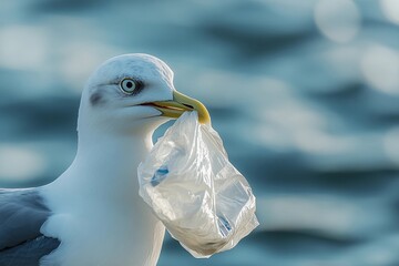 Wall Mural - A seagull carries a plastic bag in its beak while standing by the water, showcasing the impact of pollution on marine wildlife. Generative AI