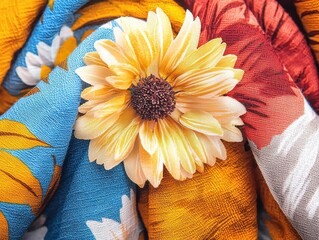 Poster - Vibrant floral arrangement colorful textiles close-up indoor setting artistic perspective
