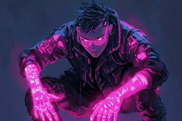 Cyberpunk figure with glowing pink accents in a crouched position