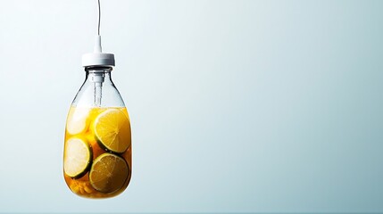 Wall Mural - Refreshing beverage with lemon slices suspended in a modern glass bottle against a soft background