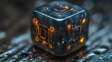 Aufkleber - Glowing circuit cube on dark wood; tech concept
