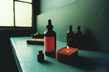 Wall Mural - Aromatic Stillness: Candles and Bottles on a Teal Table