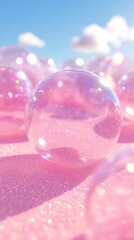 Poster - Translucent glossy spheres spread across a pink surface, bathed in soft light. The backdrop features a clear blue sky dotted with clouds, creating a serene and whimsical atmosphere